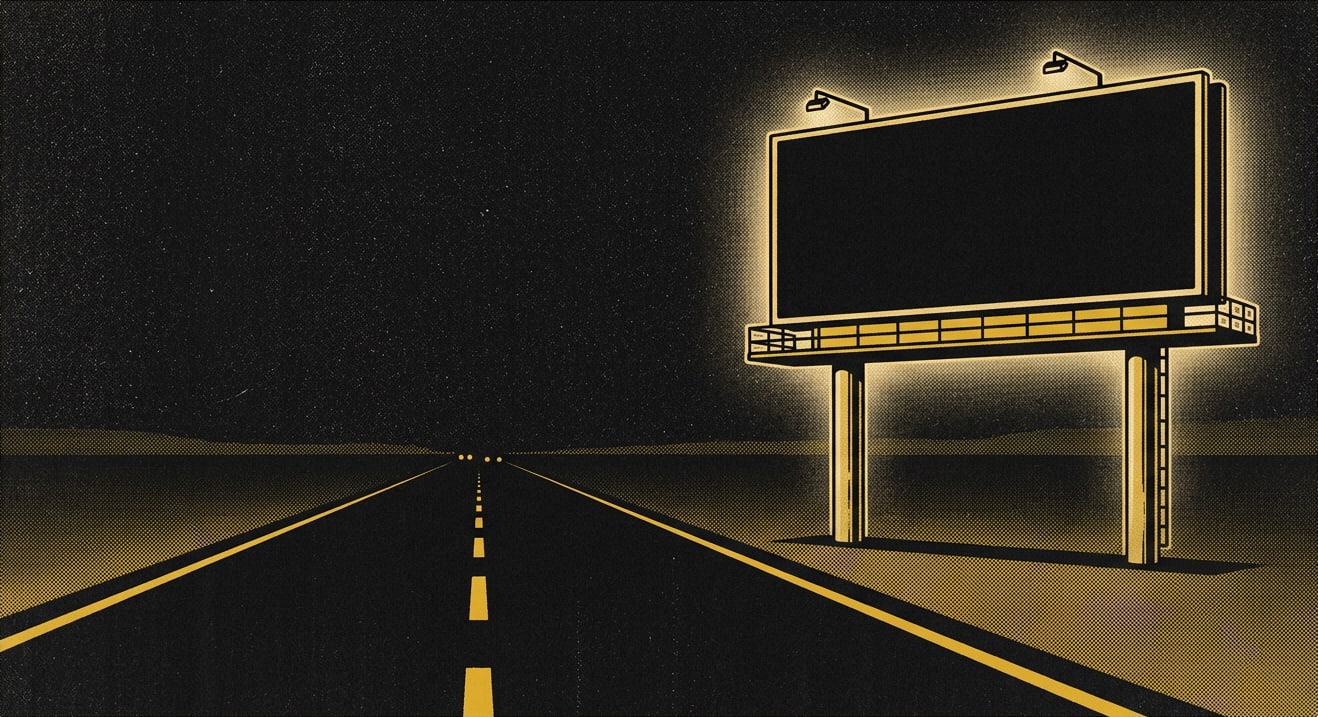 A night highway with one digital billboard on two steel posts above the road